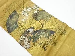 リサイクル　相良刺繍金彩手描き扇に松・菊模様袋帯